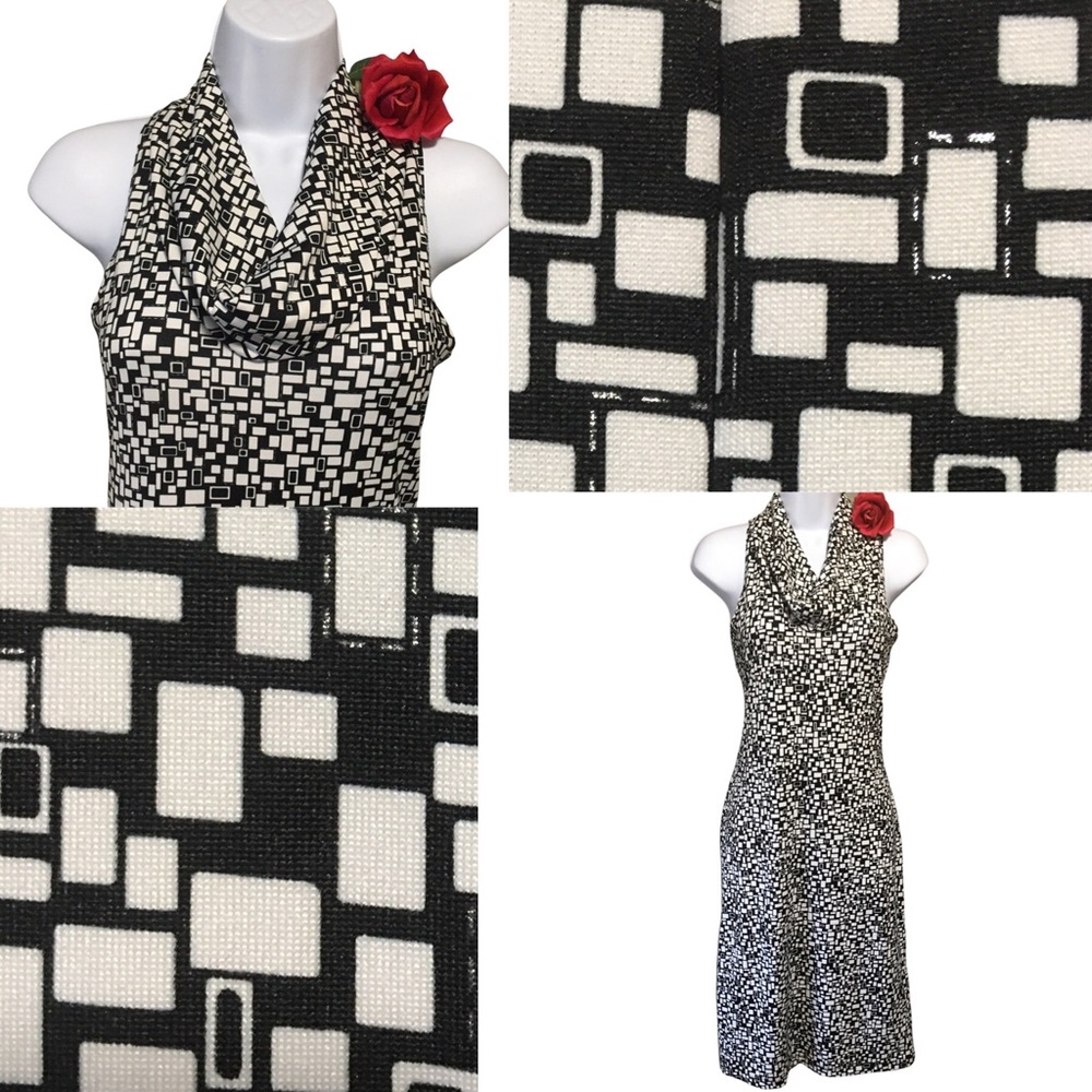 Dress drape neck Moa Moa black & white sleeveless Lg metallic silver thread EUC
